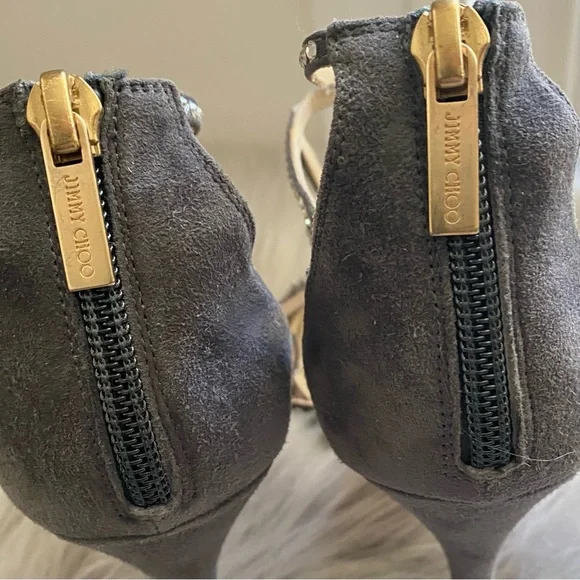 Jimmy Choo Gray Leather Vendetta Crystal Embellished Strappy Heel Sandals - Picture 8 of 11